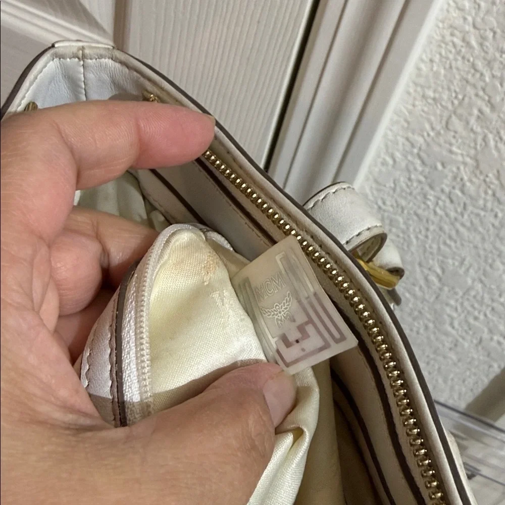 MCM Cream Satchel with Gold Accents